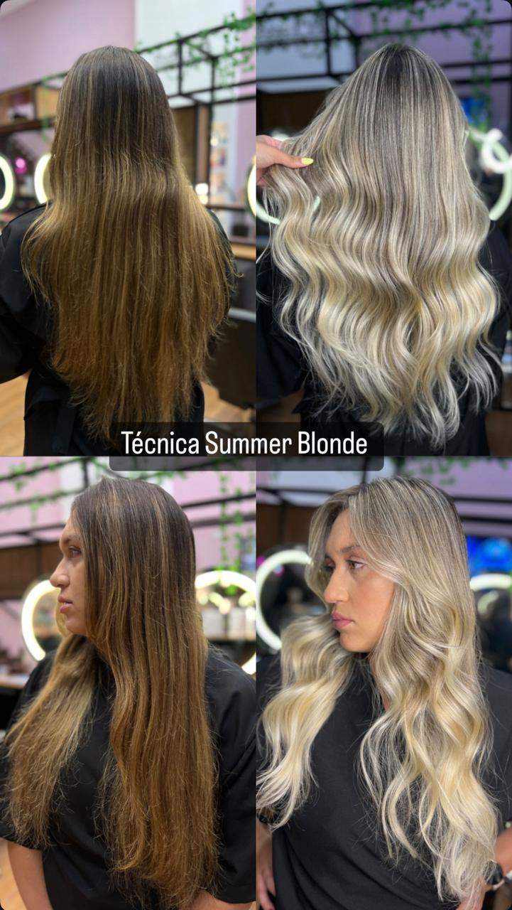 Antes e depois Técnica Summer Blonde: transformação de cabelo escuro para loiro platinado