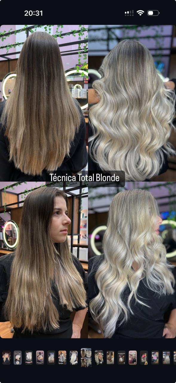 Antes e depois Técnica Total Blonde: cabelo castanho médio para loiro total com ondas