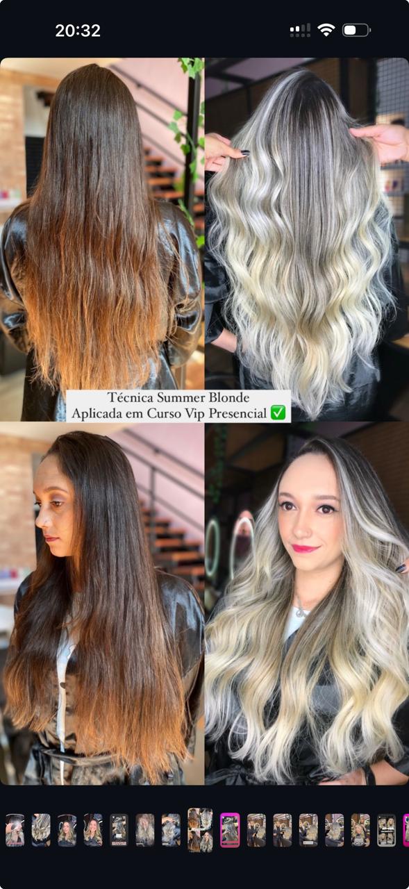 Antes e depois Summer Blonde aplicada em Curso VIP Presencial: castanho escuro para loiro platinado