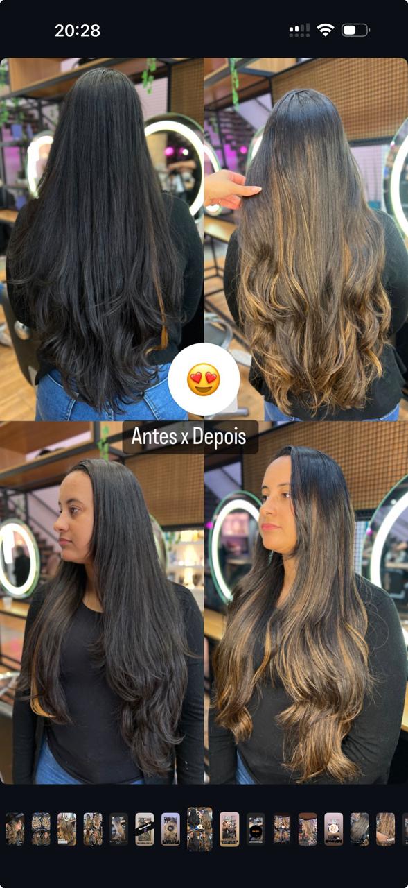 Antes e depois Morena Iluminada: cabelo preto natural para iluminado caramelo